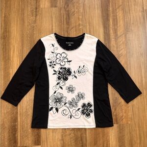 Allison Daley Women’s Black and White Floral Color Block 3/4 Sleeve Top, size L